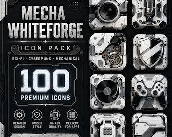 May include: A digital graphic showcasing a "MECHA WHITEFORGE ICON PACK" with 100 premium icons. The icons have a sci-fi, cyberpunk, and mechanical theme. The icons include a camera, microphone, gears, shield, record player, game controller, telephone, and file.