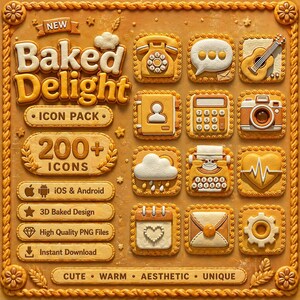 May include: A collection of 200+ baked-style app icons in a warm, aesthetic design. The icons include a phone, calculator, camera, and more. The words "Baked Delight" and "Icon Pack" are displayed. The design is 3D and includes high-quality PNG files.