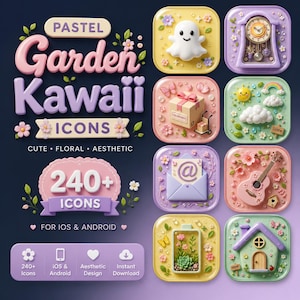 May include: A collection of pastel-colored icons with a garden theme. The icons include a ghost, clock, gift box, sun, clouds, envelope, guitar, terrarium, and house. Text includes "Garden Kawaii Icons" and "240+ Icons" for iOS & Android.