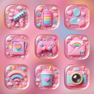 Iconos de la app Coquette con temática pastel 3D brillante para iPhone y Samsung / Paquete de resina Kawaii de más de 190 iconos