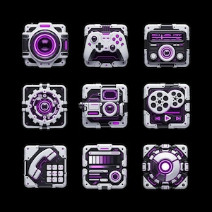 Puede incluir: Nueve iconos de aplicaciones cuadrados con un diseño futurista inspirado en la tecnología. Cada icono presenta un marco blanco y negro con acentos morados. Los iconos representan una cámara, un mando de juegos, una radio, un engranaje, una cámara de vídeo, una bobina de película, un teléfono, un ecualizador y un diseño circular.