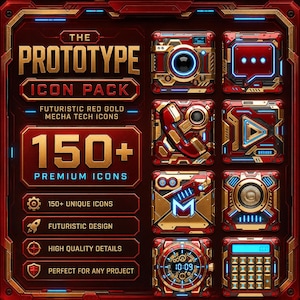 Peut inclure: Graphique numérique d'un pack d'icônes rouge et or intitulé "The Prototype". Le pack comprend plus de 150 icônes premium avec un design futuriste. Les icônes incluent un appareil photo, un téléphone, une bulle de message et une calculatrice.