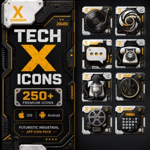 May include: A digital graphic display featuring the text TECH X ICONS 250+ PREMIUM ICONS iOS Android FUTURISTIC INDUSTRIAL APP ICON PACK. To the right are eight square icons with black, white, and yellow mechanical designs including a record player, phone, microphone, and calculator.