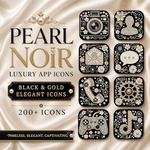 May include: A collection of black and gold luxury app icons with pearl and floral accents. The icons include a camera, user profile, email, speech bubble, phone, gear, game controller, and musical note. The text reads "PEARL NOIR LUXURY APP ICONS".