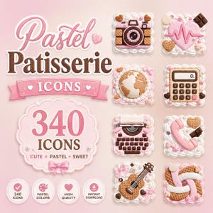 May include: A collection of 340 pastel-colored icons with a patisserie theme. The icons include a camera, a heart with a pulse, a globe, a calculator, a typewriter, a telephone, a guitar, and a pastry. The text reads "Pastel Patisserie Icons".