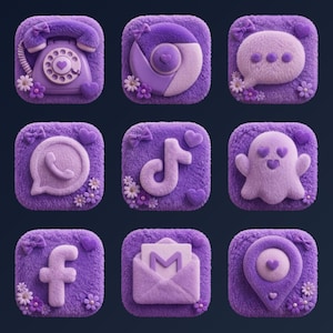 Fuzzy Kawaii App Icons | 200+ Purple Plush iOS & Android Icons | Soft Fluffy Theme