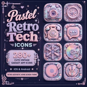 May include: A digital collection of pastel-colored app icons featuring retro technology themes including a camera, rotary phone, compass, speech bubble, record player, and violin, with text reading Pastel Retro Tech ICONS 280+ CUTE VINTAGE GADGET APP ICONS.