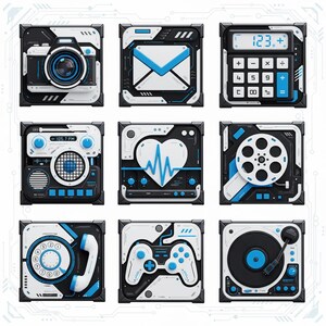 May include: Nine square digital icons with a futuristic design. Each icon features a different image, including a camera, envelope, calculator, radio, heart rate monitor, film reel, telephone, game controller, and record player. The icons are primarily black, white, and blue.