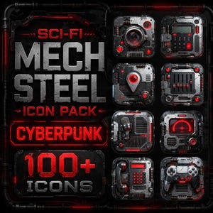 Op de afbeelding: Een digitale afbeelding met een Sci-Fi Mech Steel Icon Pack met een Cyberpunk thema. De afbeelding toont verschillende metalen iconen met rode accenten, waaronder een camera, rekenmachine en microfoon. Het pakket bevat meer dan 100 iconen.