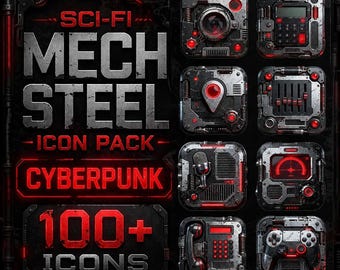 May include: A digital graphic featuring a Sci-Fi Mech Steel Icon Pack with a Cyberpunk theme. The image showcases various metallic icons with red accents, including a camera, calculator, and microphone. The pack includes over 100 icons.