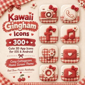 May include: A set of 3D app icons featuring a red and white gingham pattern, decorated with small bows and flowers. The text reads Kawaii Gingham Icons 300+ Cute 3D App Icons for iOS & Android Cozy Cottagecore Home Screen Theme Red Bow Picnic Aesthetic.