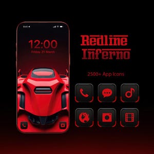 May include: A smartphone with a red car wallpaper and a set of black and red app icons. The phone displays the time and date. The words "Redline Inferno" and "2500+ App Icons" are also visible.