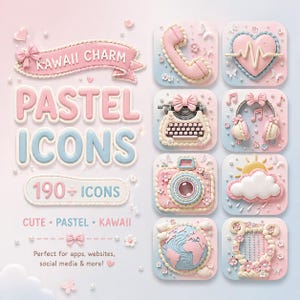 May include: A set of pastel-coloured icons with a kawaii theme. The image features a banner that reads "KAWAII CHARM" and the words "PASTEL ICONS" with the number "190+ ICONS". The icons include a telephone, heart, typewriter, headphones, camera, cloud, globe, and a harp.