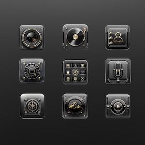 May include: Nine square icons with a steampunk aesthetic. Each icon features a black background with a textured pattern and gold accents. Icons include a camera, record player, address book, rotary phone, settings, microphone, compass, mountain landscape, and a play button.