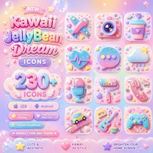 May include: A digital art graphic featuring pastel-coloured icons with a Kawaii JellyBean Dream theme. The image includes icons of a camera, airplane, coffee cup, heart, speech bubble, cloud, microphone, paint roller, telephone, car, guitar, and game controller.