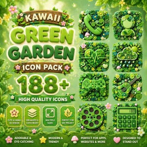 Op de afbeelding: Een kleurrijke afbeelding met een "KAWAII GREEN GARDEN ICON PACK" met meer dan 188 hoogwaardige iconen. De iconen zijn groen en bloemig, waaronder een telefoon, persoon, hart, wolk, controller, gitaar, filmrol en rekenmachine. Tekst bevat "Cute & Kawaii 3D Design".