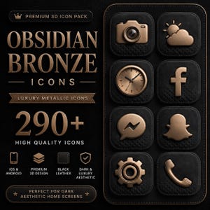 以下が含まれることがあります： Obsidian Bronze Iconsと題されたデジタルアイコンパック。黒いテクスチャレザーの背景に、290種類以上の高品質な3Dメタリックブロンズアイコンが配置されています。カメラ、天気、時計、ソーシャルメディアなどのシンボルが含まれています。