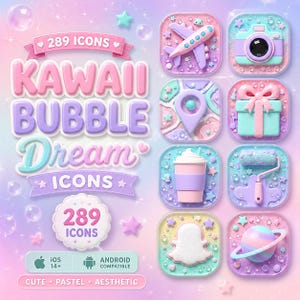 May include: A pastel-colored digital art piece featuring app icons with a kawaii theme. The icons include a camera, airplane, gift box, and more. Text includes "KAWAII BUBBLE Dream ICONS" and "289 ICONS". The design is cute and aesthetic.