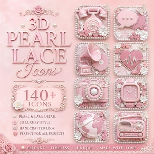 Könnte beinhalten: Eine Sammlung rosa 3D-Perlen- und Spitzen-Icons, darunter Telefon, Sprechblase, Grammophon, Herz, Kamera, Uhr, Globus und Radio. Das Bild zeigt den Text "3D Pearl Lace Icons" und "140+ Icons". Das Design ist elegant und zeitlos.