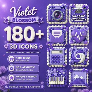 Könnte beinhalten: Ein lila Grafik mit dem Text "Violet Blossom" und "180+ 3D Icons". Das Bild zeigt verschiedene lila App-Symbole, darunter eine Kamera, eine Schreibmaschine, ein Umschlag, ein Herz, ein Taschenrechner und ein Klavier. Der Text lautet auch "Perfect for iOS & Android."