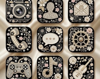 Pearl Noir Luxury App Icons – Black & Gold Elegant Home Screen for iOS and Android