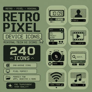 May include: A digital graphic with a retro pixel design. The image features various device icons, including a clock, profile, video player, camera, search bar, Wi-Fi signal, and music note. Text includes "Retro Pixel Device Icons" and "240 Icons."