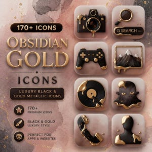 Op de afbeelding: Digitale kunstafbeelding met zwarte en gouden iconen in een luxe stijl. De iconen omvatten een camera, vergrootglas, gamecontroller, berglandschap, plaat, spook, telefoon en een persoon. Tekst luidt "Obsidian Gold Icons".