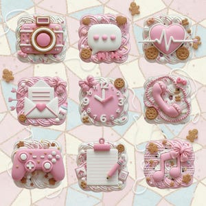 May include: A collection of nine pink and white decorative resin pieces, each with a unique design. The designs include a camera, speech bubble, heartbeat, envelope, clock, telephone, game controller, notepad, and musical note. Each piece is surrounded by a decorative border.
