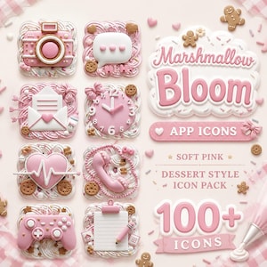 May include: A collection of pink dessert-style app icons, including a camera, speech bubble, envelope, clock, heart, phone, game controller, and notepad. The image also features the text "Marshmallow Bloom" and "100+ Icons."