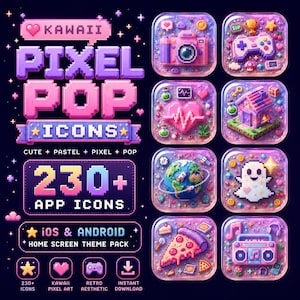 May include: A digital collection of 230+ pixel art app icons featuring pastel colors and themes like a camera, game controller, heart, house, globe, ghost, pizza slice, and boombox. The text reads Kawaii Pixel Pop Icons and iOS & Android.