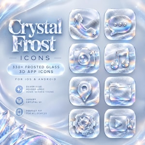 Może przedstawiać: Kolekcja ikon aplikacji 3D o nazwie Crystal Frost Icons, charakteryzująca się teksturą matowego szkła ze srebrnymi i niebieskimi holograficznymi efektami świetlnymi. Zestaw zawiera symbole telefonu, czatu, aparatu, muzyki, lokalizacji, folderu, koła zębatego i wideo.