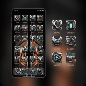 May include: A smartphone screen displaying a custom theme with metallic and teal icons. The icons represent apps like phone, battery, games, camera, and more. The theme has a futuristic, tech-inspired design with a dark background.