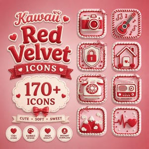 Peut inclure: Ensemble d'icônes Kawaii Red Velvet rouges et blanches. L'image présente diverses icônes, dont un appareil photo, une guitare, un cadenas, une maison, un téléphone, une radio, des montagnes et un battement de cœur, toutes mignonnes et douces.