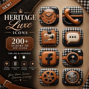 Puede incluir: Una colección digital de más de 200 iconos de aplicaciones 3D de lujo para iOS y Android con un patrón de pata de gallo en blanco y negro y detalles en cuero color coñac. El conjunto incluye iconos de reloj, teléfono, foto, chat, Facebook, cámara y engranajes.
