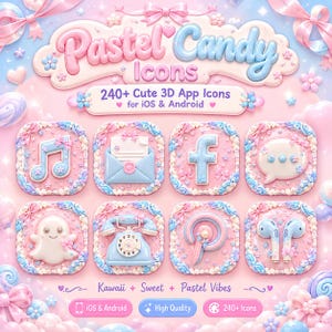 May include: A digital collection of 240+ 3D app icons titled Pastel Candy Icons for iOS & Android. The set features eight square icons with pink and blue pastel themes, decorated with bows, flowers, and swirls, including music, mail, and phone symbols.