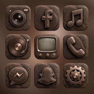 May include: A set of nine square app icons featuring a dark brown leather and woven fabric texture. The icons depict a camera, Facebook logo, music note, record player, television, telephone handset, messenger bolt, Snapchat ghost, and a gear.