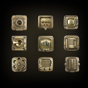 Puede incluir: Nueve iconos de color dorado con una estética steampunk. Los iconos representan una cámara, una burbuja de diálogo, un televisor, un altavoz, un carrete de película, una radio, un micrófono, un bloc de notas y un marco de fotos.