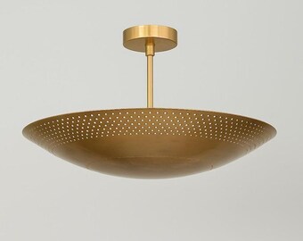 Mid Century Brushed Brass Perforated Flush Mount Ceiling Pendent Light Bedroom Fixture