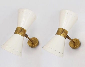 Pair of Mid-Century Modern Italian Wall Sconces, Brass & White Metal, 1950s Lighting