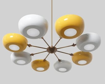 Sputnik Chandelier, Mid Century Modern Lighting, 8-Light Pendant Lamp, Yellow & White Glass Shade