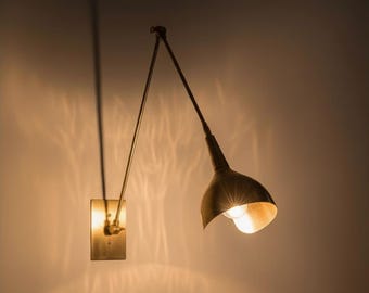 Mid Century Raw Brass Wall Sconce - Cone Shade Vanity Light