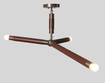 Mid Century Modern Brass Chandelier, Leather Accent, 3-Arm Sputnik Light