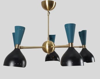 Mid-Century Modern Sputnik Chandelier, Brass & Black, Atomic Lighting, 5-Light Fixture