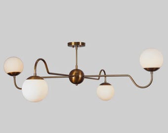 Sputnik Chandelier - Mid Century Modern Lighting - Globe Pendant Light - Brass Finish