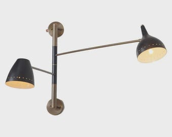 Mid Century Brass Swing Arm Wall Sconce, Double Shade Light