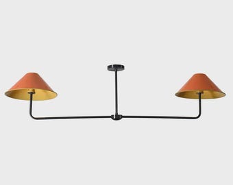 Mid-Century Modern Brass Linear Chandelier, Double Shade Pendant Light