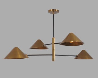 Mid Century Modern Brass Sputnik Chandelier, 4-Light Cone Shade