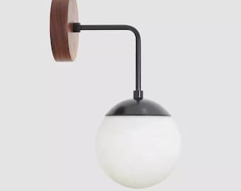 Mid Century Modern Wood & Opal Glass Globe Wall Sconce - Minimalist Lighting