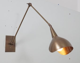 Mid Century Raw Brass Articulated Wall Sconce, Swing Arm Vanity Light