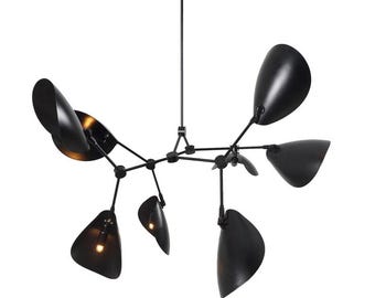 Zwart messing spoetnik-kroonluchter – moderne moderne 8-lichts hanglamp